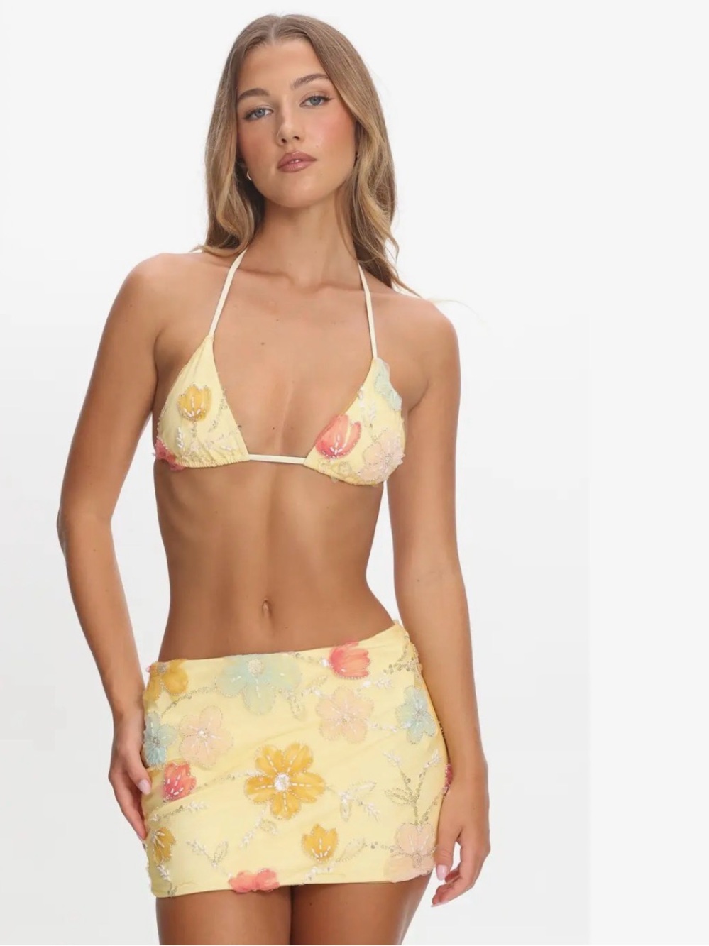 Yellow Floral Embroidered Triangle Bikini Set